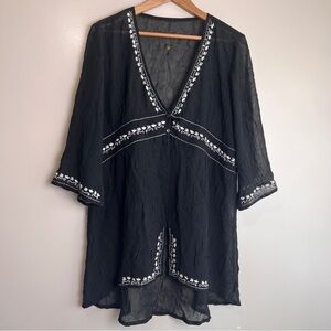 Black Sheer Coverup or Tunic with White Embroidery Crinkled Fabric 21.5” ptp EUC